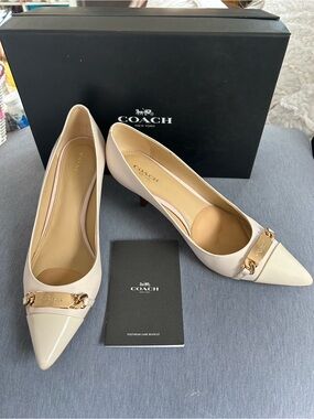 Coach Pointed Toe Kitten Heel Pumps w/Gold Hardware, in Chalk. Size 9.5
